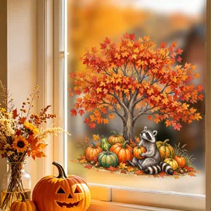 Herbst Ahornbaum und süßer Waschbär Fensteraufkleber für Thanksgiving und Dekoration.