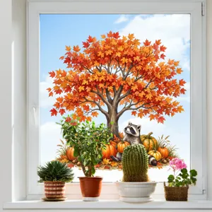 Herbst Fensteraufkleber Ahornbaum Waschbär Kürbisse statische Glas Deko Aufkleber