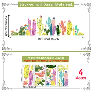 Kleurrijke cactus muursticker set, geassembleerde maat 180x60cm, 4 vellen van 30x60cm.