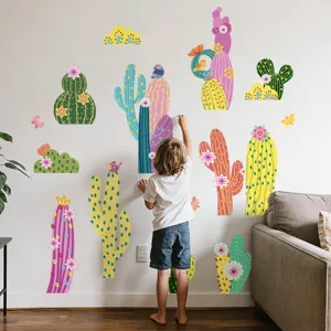 Kleurrijke cactus muurstickers, schattige bloemen en vlinders decor voor woonkamer slaapkamer.