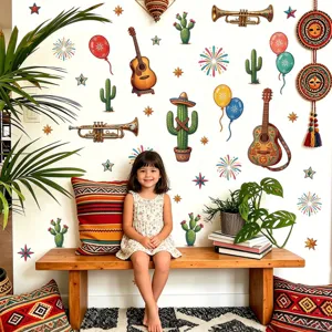Kleurrijke cactus muurstickers met Mexicaanse gitaren en ballonnen voor woningdecoratie.