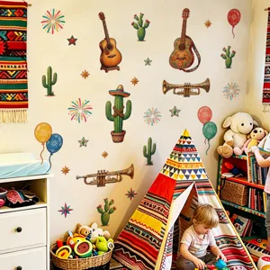 Kleurrijke cactus gitaar muurstickers voor kinderkamer slaapkamer achtergrond decoratie.