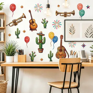 Kleurrijke Mexicaanse muurstickers met cactussen, gitaren en trompetten voor je huisdecoratie.