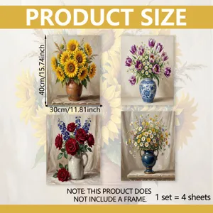Set van 4 vintage bloemrijke olieverf canvas posters, ongerijmde botanische wanddecoratie.