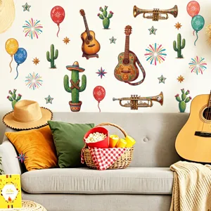 Kleurrijke Mexicaanse cactus gitaar muurstickers voor woonkamer en slaapkamer huisdecoratie.