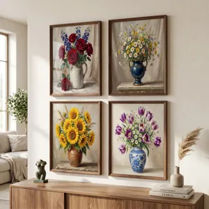 Vintage olieverfschilderij bloemen wanddecoratie set ingelijste decoratieve fotos woonkamer
