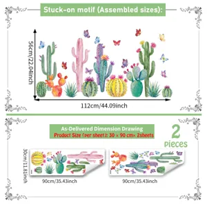 Aquarel cactus en vlinder muursticker detaildiagram met getoonde afmetingen en vellen.