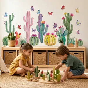 Gedetailleerd uitzicht aquarel cactus en vlinder muursticker, mooie kinderkamer decoratie.