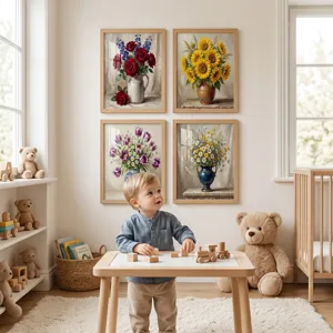 Vintage bloemige olieverf wandkunst art prints met houten frames voor mooie slaapkamer