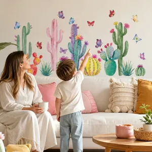 Aquarel cactus vlinder muursticker voor woonkamer slaapkamer interieur decoratie.