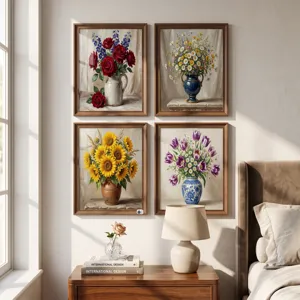 Set van vier ingelijste vintage bloemenschilderijen als sfeervolle wanddecoratie voor de slaapkamer.