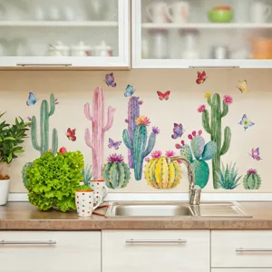 Aquarel cactus en vlinder muursticker detail met keukeninrichting en kleurrijke ontwerpstijl.