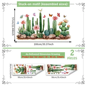 Gedetailleerd overzicht van de aquarel cactus muursticker met alle afmetingen.