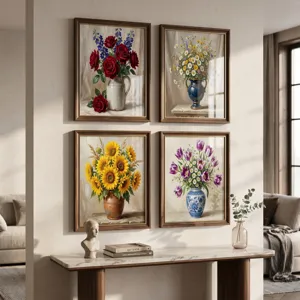 Set van vier ingelijste vintage bloemige olieverfschilderijen kunstprints voor wanddecoratie.