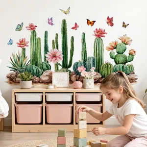 Aquarel cactus muurstickers, kleurrijke bloemen en vlinders muursticker kinderkamer.