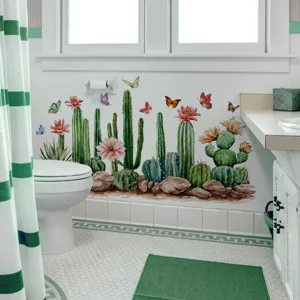 Aquarel cactus vlinder muurstickers, botanische wandstickers voor badkamer decor detail.