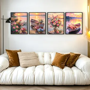 Modern Landschap Bloemen Boot Diatomeeënaarde Schilderij Kern Spoorloos Opvouwbare Canvas Kunst Voor Woonkamer Slaapkamer Achtergrond Muur Decoratie