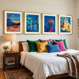 Set di quadri d'arte decorativi per parete della camera da letto con bellissimi fiori blu.