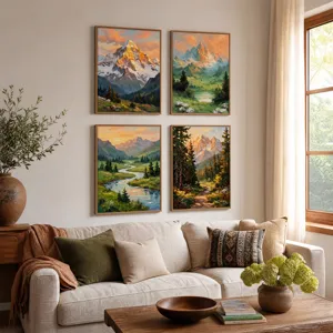 Set van vier ingelijste landschapskunstprints getoond in een gezellige woonkamer opstelling.