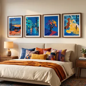 Dipinti d'arte decorativa di città e fiori blu, set 4 quadri da parete incorniciati per camera.
