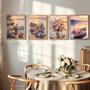 Set van 4 decoratieve wandschilderingen met landschap bloemen en boot motieven voor woonkamer.