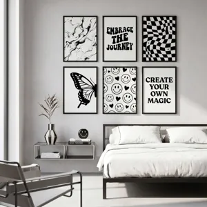 Modernes Minimalistisches Smiley Leinwand Wandkunst Set Schwarz Weiß Schachbrett Schmetterling Drucke Für Wohnzimmer Deko
