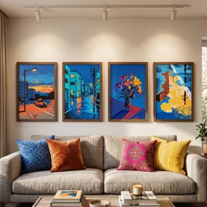 Arte Da Parete In Tela Floreale Città Tonalità Blu Senza Cornice Anima In Fango Di Diatomee Dipinto Astratto Moderno Di Paesaggio Urbano Per Soggiorno Camera Da Letto