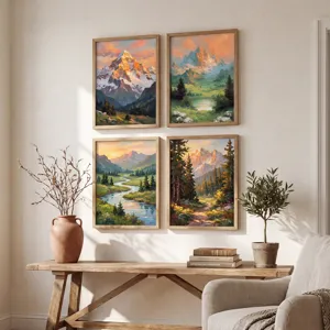 Set van vier ingelijste landschapskunstprints, natuur wanddecoratie voor woonkamer slaapkamer.
