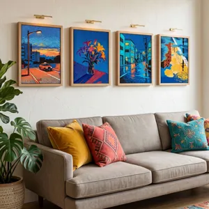 Set di quattro stampe d'arte da parete per soggiorno con paesaggi urbani e fiori con luci calde.