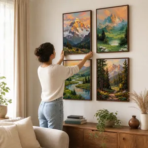 Mooie vierdelige set landschap muurkunst ingelijst olieverfschilderij interieur