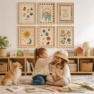 Set di stampe d'arte da parete in tela per cameretta, simpatici poster di elefanti e pianeti.