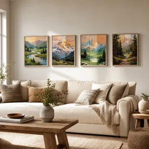 Set van vier schilderachtige landschapsmuurschilderingen voor woonkamer en slaapkamer.