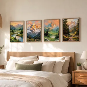 4-delige landschap muurkunst, ingelijste natuur canvas schilderijen voor slaapkamer.