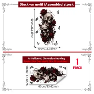 Halloween Wandaufsticker Detailansicht mit Totenkopf Rosen Motiv und genauen Maßen.