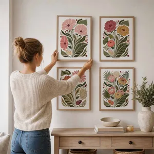 Boheemse botanische bloemen muurkunstafdrukken set van vier voor woonkamerdecoratie.