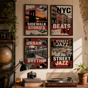 Stampe d'arte murale jazz città retrò, quattro poster incorniciati per soggiorno camera.