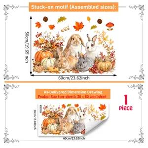 Autumn rabbit pumpkin wall sticker detail showing assembled size and sheet dimensions.