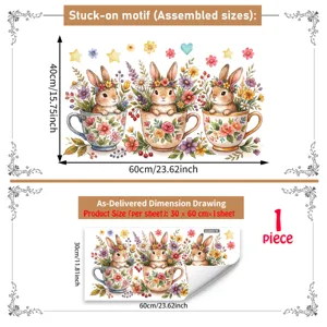 Cartoon rabbit teacup wall sticker, cute autumn floral window glass decal, 40x60cm.