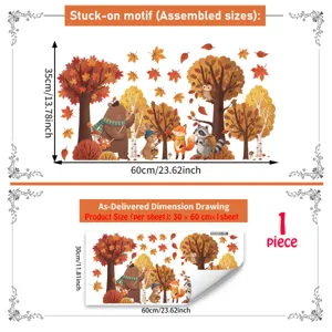 Cartoon autumn forest animal static window sticker detail showing dimensions and size.