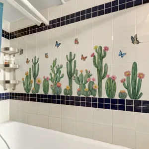 Cactus en vlinder muursticker detail, decoratief tegelpatroon voor het interieur thuis.
