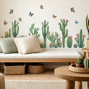 Aquarel cactus en vlinder muurstickers voor woonkamer en slaapkamer decoratie.
