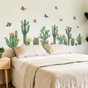 Detail van aquarel cactus en vlinder muursticker scene, perfect voor slaapkamer inrichting.