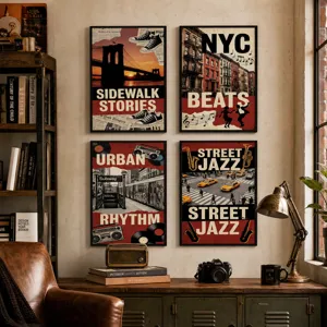 Set di quattro quadri murali paesaggio urbano retro, poster vintage New York jazz