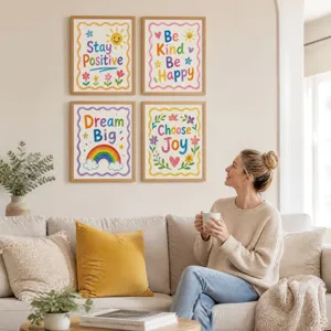 4er Set inspirierende Wandbilder mit positiven Zitaten, Regenbogen und Sonnendesigns.