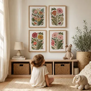 Gedetailleerd overzicht van boho botanische art prints in een gezellige kinderkamer.