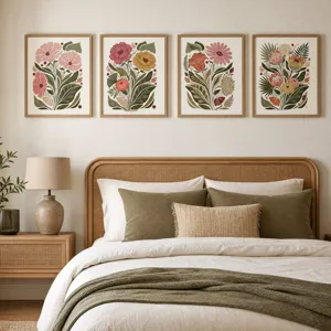 Boheemse botanische bloemen muurkunst set gezellige slaapkamer decoratie scène detail
