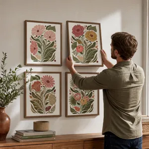 Boho bloemen muurkunst prints in houten kader set van vier voor woonkamer decoratie.