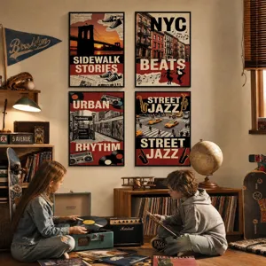 Set di poster d'arte murale vintage jazz di città, decorazione domestica retrò.