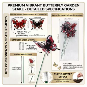 Detailed specifications and dimensions of Halloween butterfly garden stake set with spring.