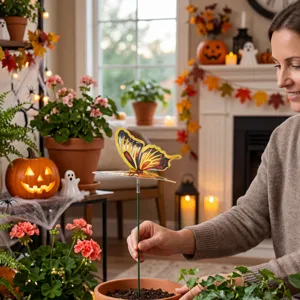 Close-up scene of a colorful butterfly stake inserted into a potted plant for indoor decor.